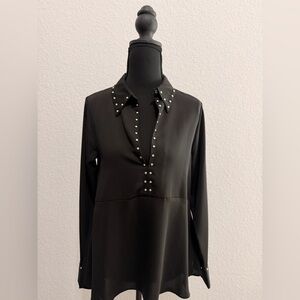 Zara Women’s Black Long Sleeve Blouse Silver Beading Detail Evening Chic Top